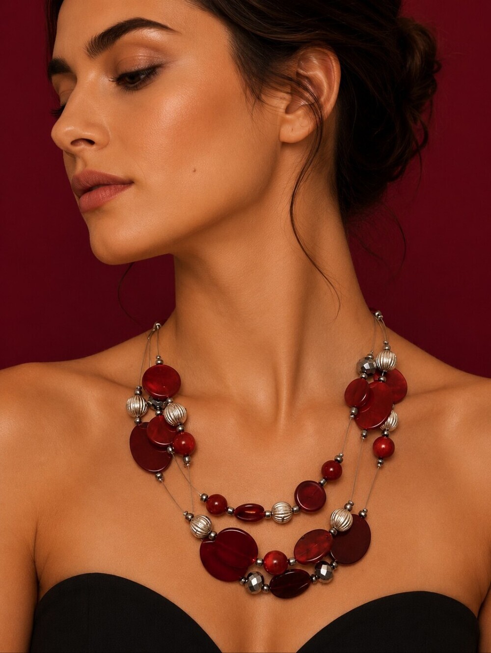 Red Shell and Silver Floating Multi-Strand Beaded Illusion Layered Necklace